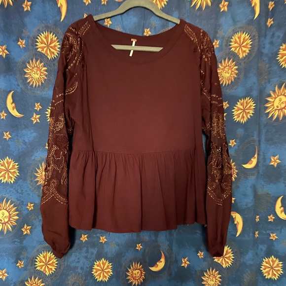 🍄50% FREE PEOPLE Burgundy Embroidered Top Sz M - Picture 5 of 12